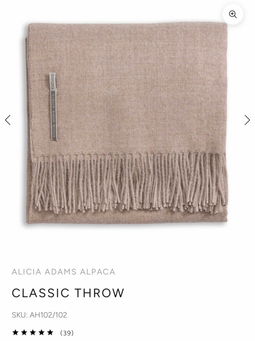 Alicia Adams Alpaca Classic Taupe Fringe Throw